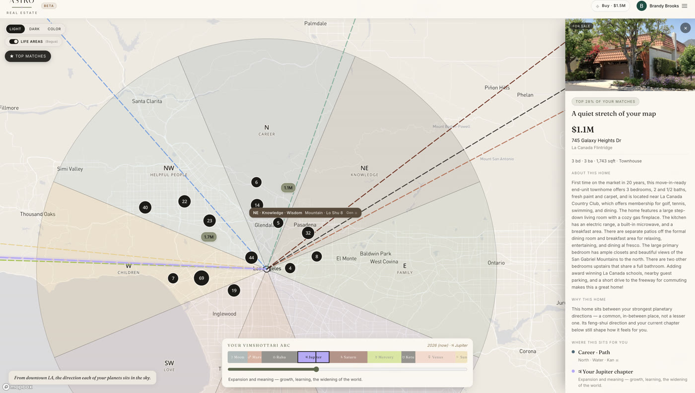 A single listing in Astro Realtor, showing why the home fits your chart and where it sits among your life-areas.